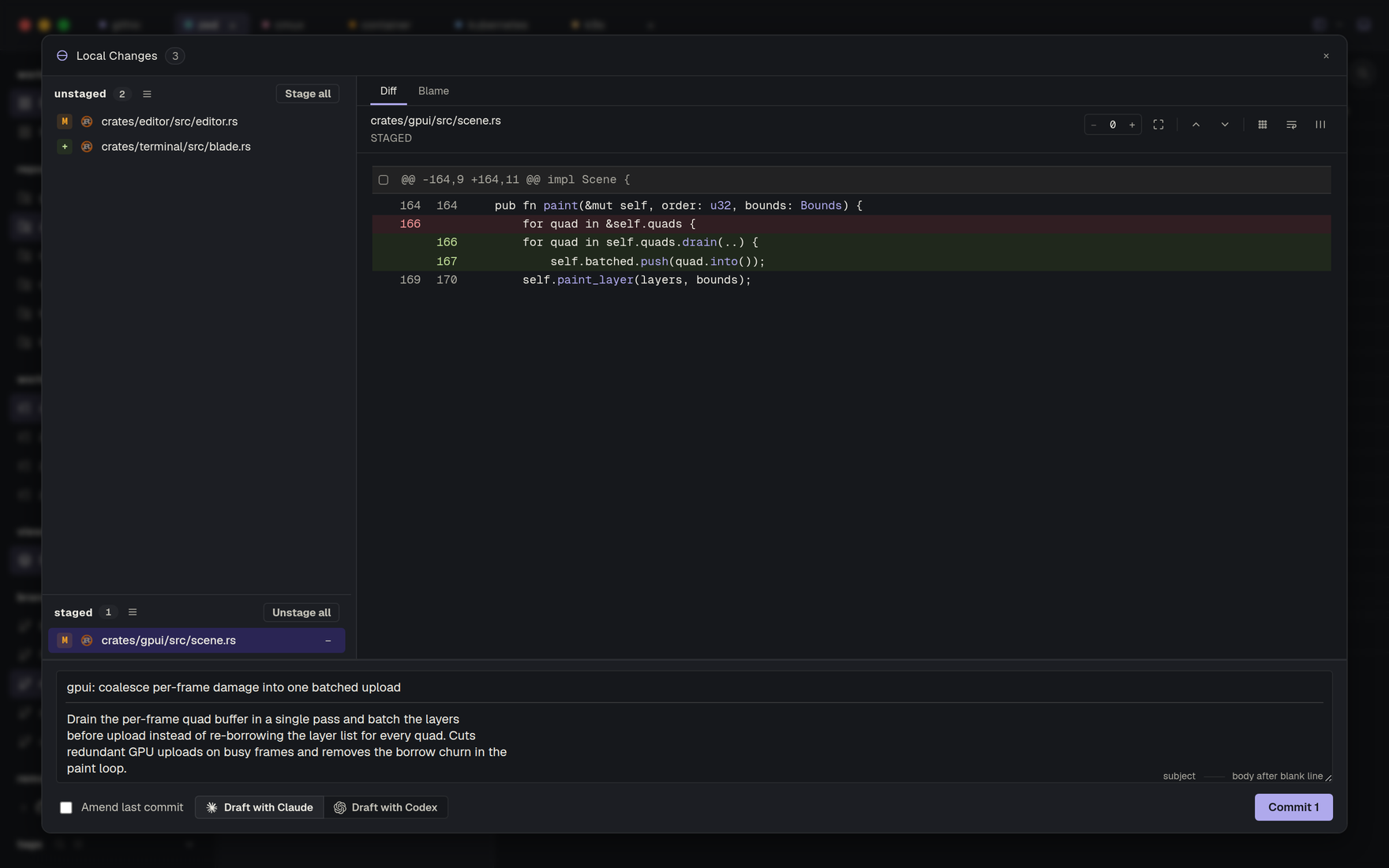 Githic — the commit box filled by an AI-drafted message beside the staged diff, with Draft with Claude and Draft with Codex buttons