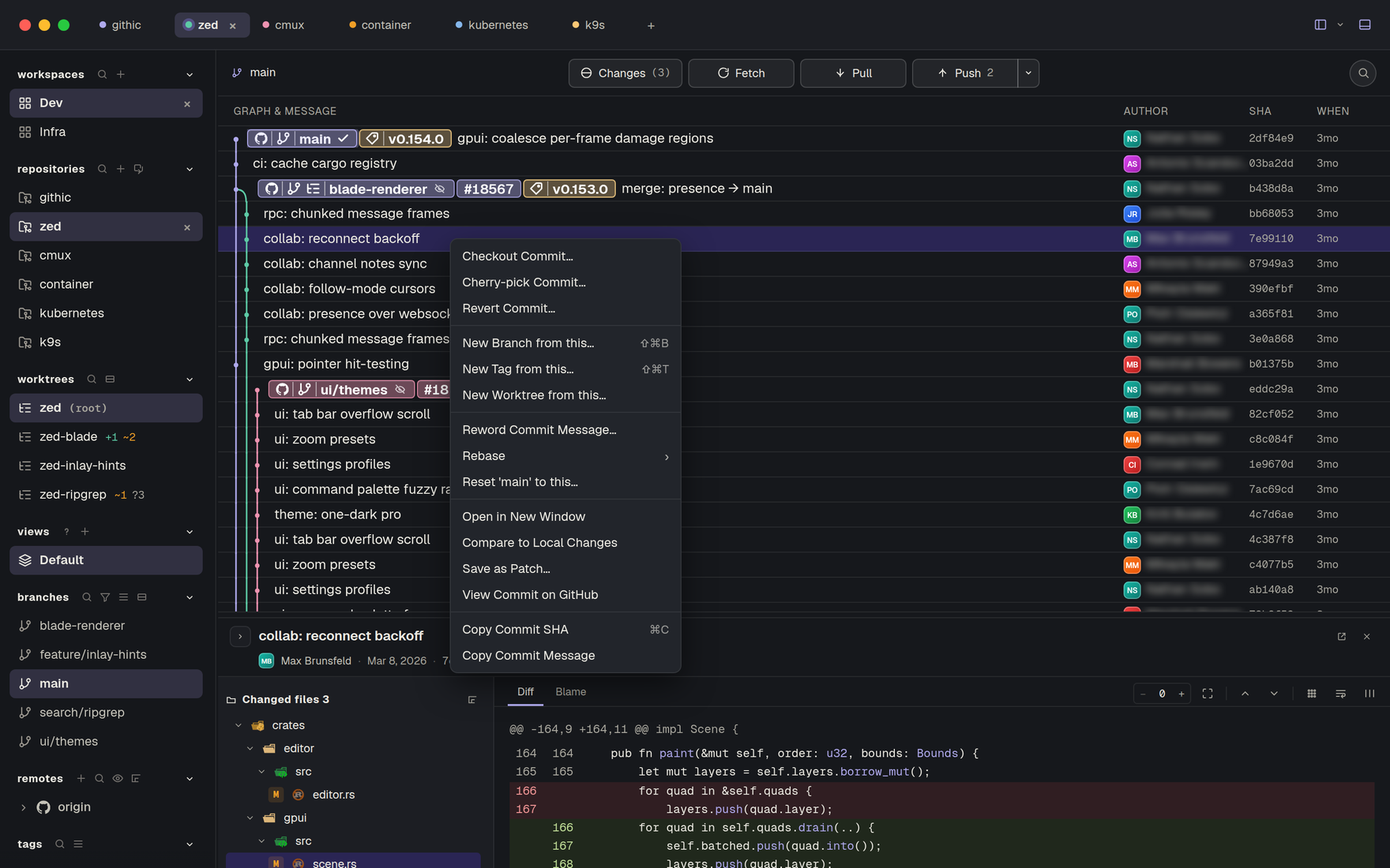 Githic — right-click commit menu with cherry-pick, revert, new branch, tag and worktree, reword, rebase, reset and copy SHA