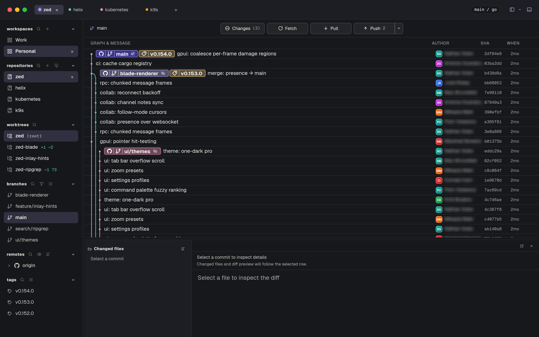 Githic — commit graph with branch/tag pills and merges weaving across lanes