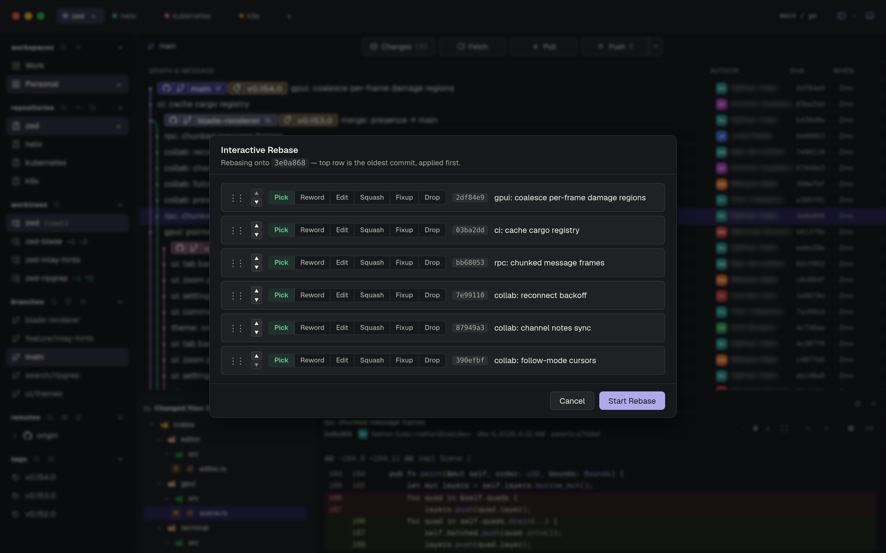Githic — interactive rebase plan with pick, reword, edit, squash, fixup and drop