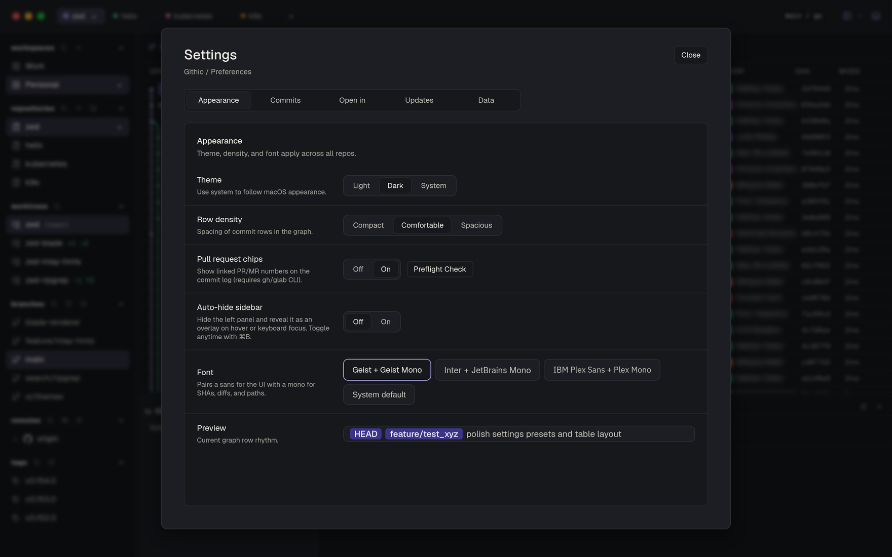 Githic — settings dialog with theme, density and font options