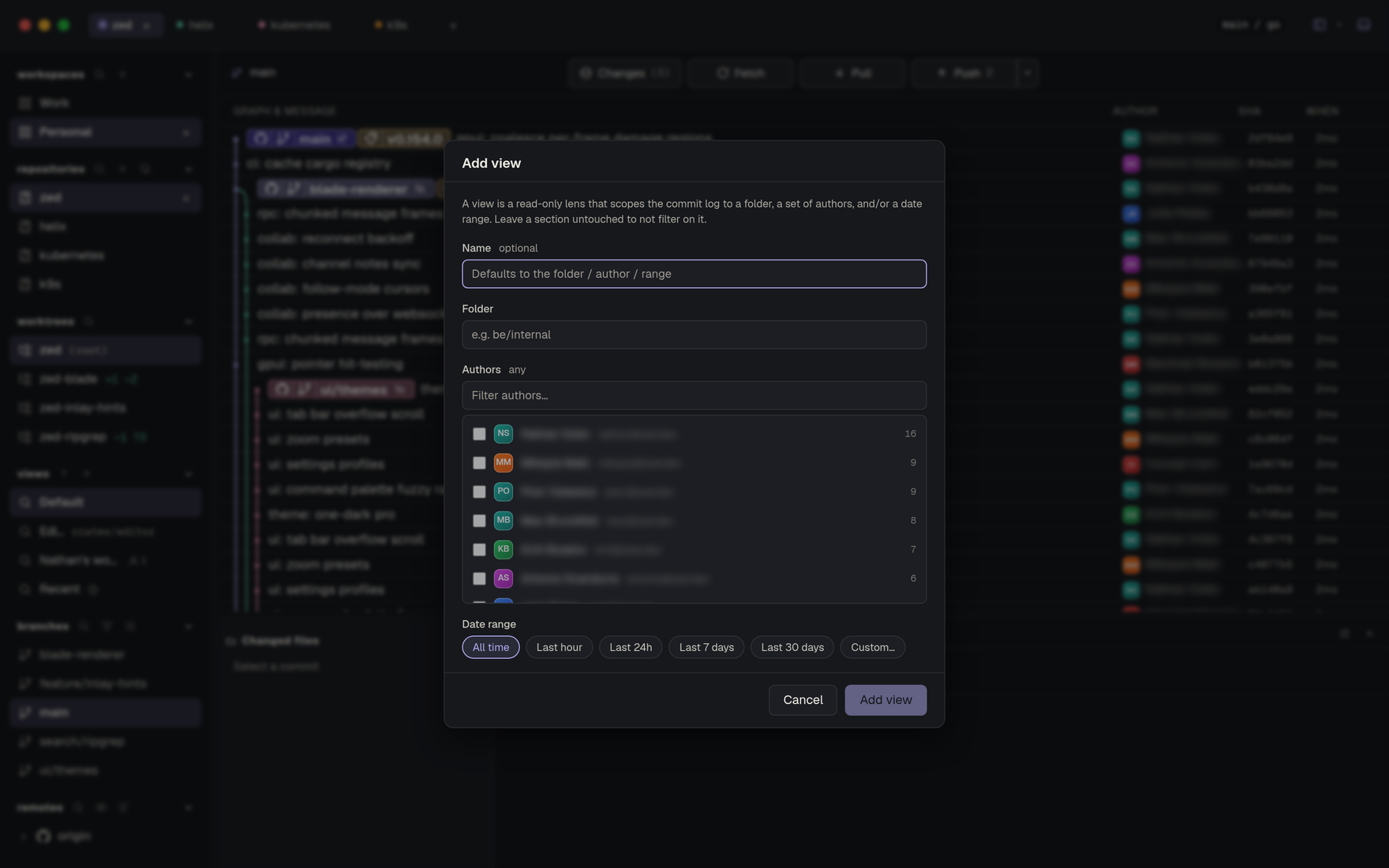 Githic — the Add view dialog with folder autocomplete, an author multi-select with avatars, and date-range presets