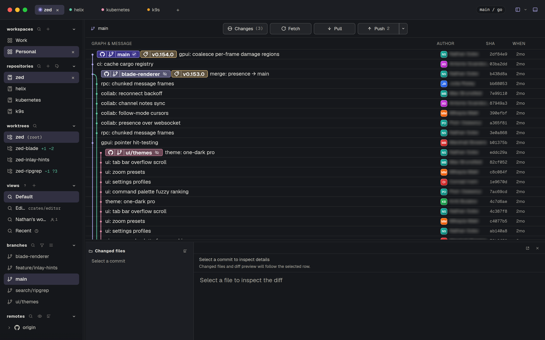 Githic — the sidebar Views section with saved folder, author and date lenses beside the commit graph